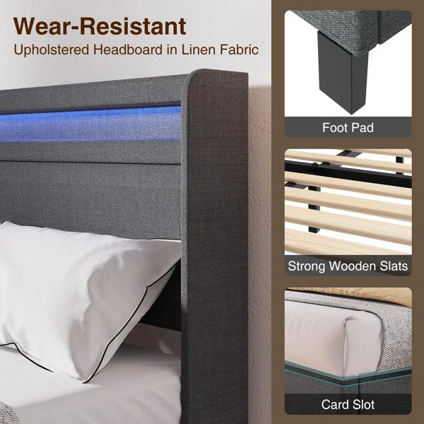 Divan Bed: Dimtry Upholstered Bed with LED Lights and USB Power Strips