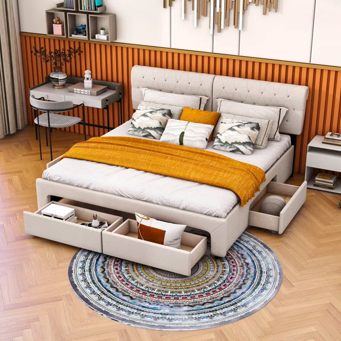 Divan Bed: Linen Upholstered Platform Bed with 4 Drawers