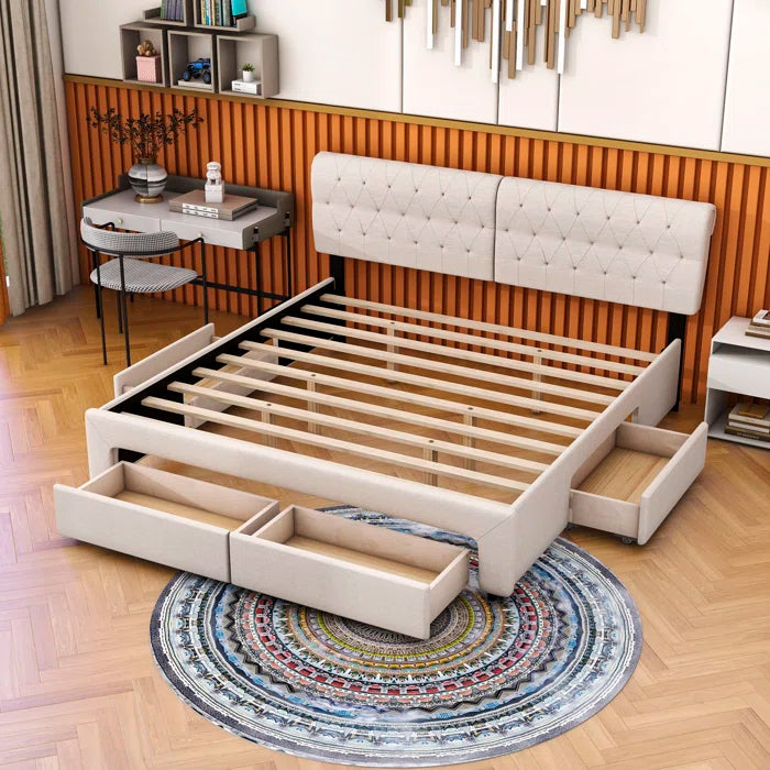 Divan Bed: Linen Upholstered Platform Bed with 4 Drawers