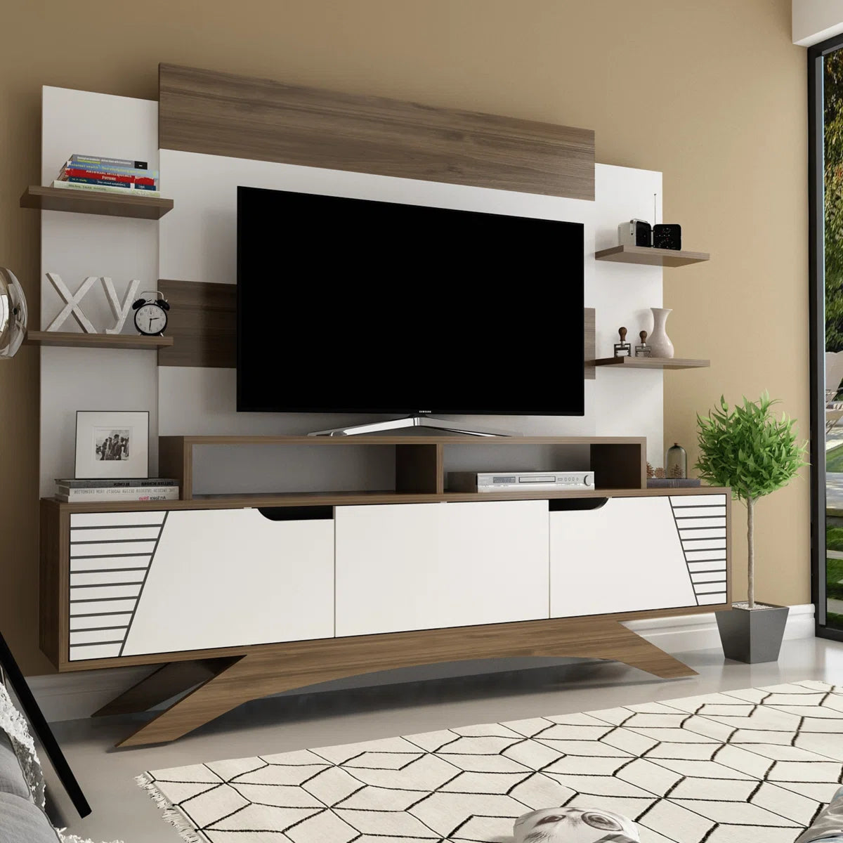 tv panel: Modern tv panel holds 48" screens, features open shelving