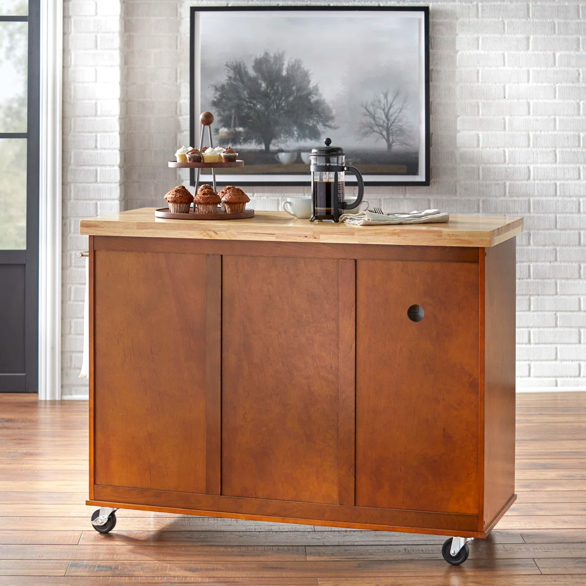 Kitchen Island Table with Solid Wood Top, Open Shelves & Cabinet – 48-Inch with Locking Wheels
