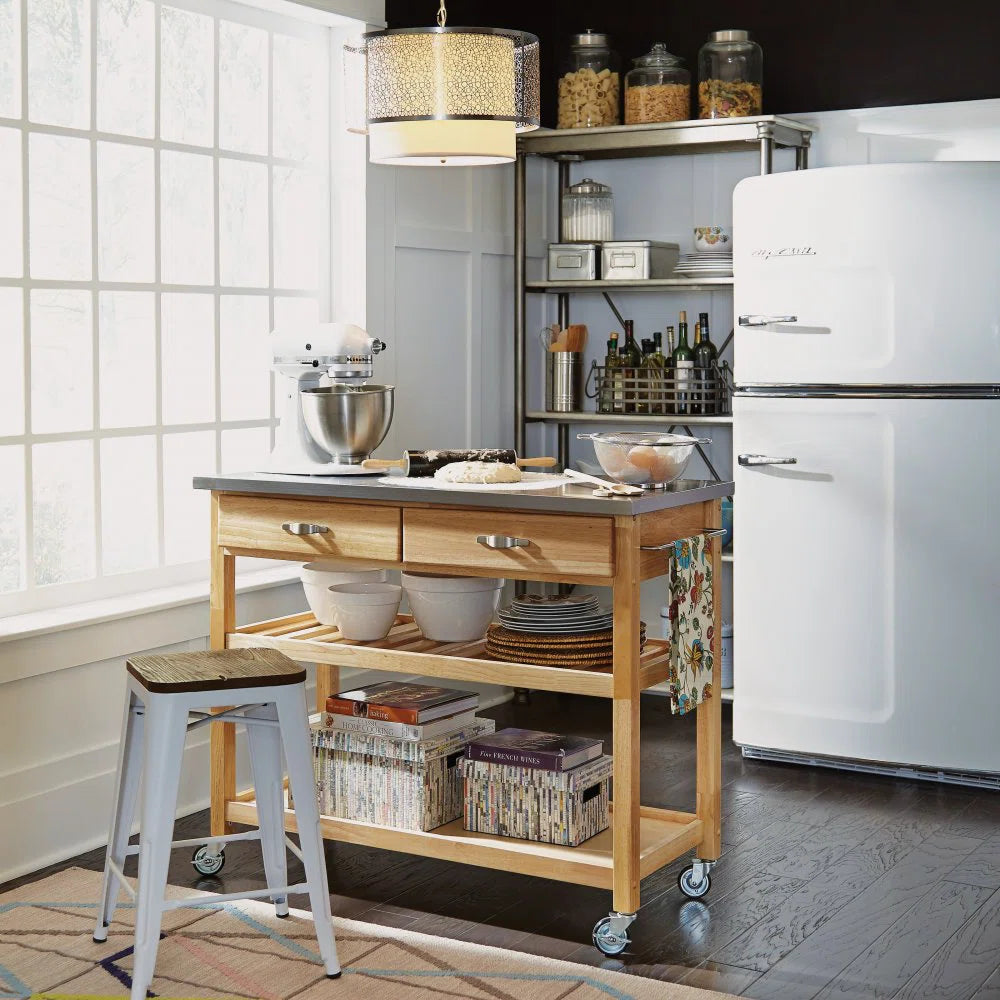 Kitchen Island Table: 44'' Wide Pinewood & Stainless Steel Kitchen Island with Drawers, Shelves & Towel Rack