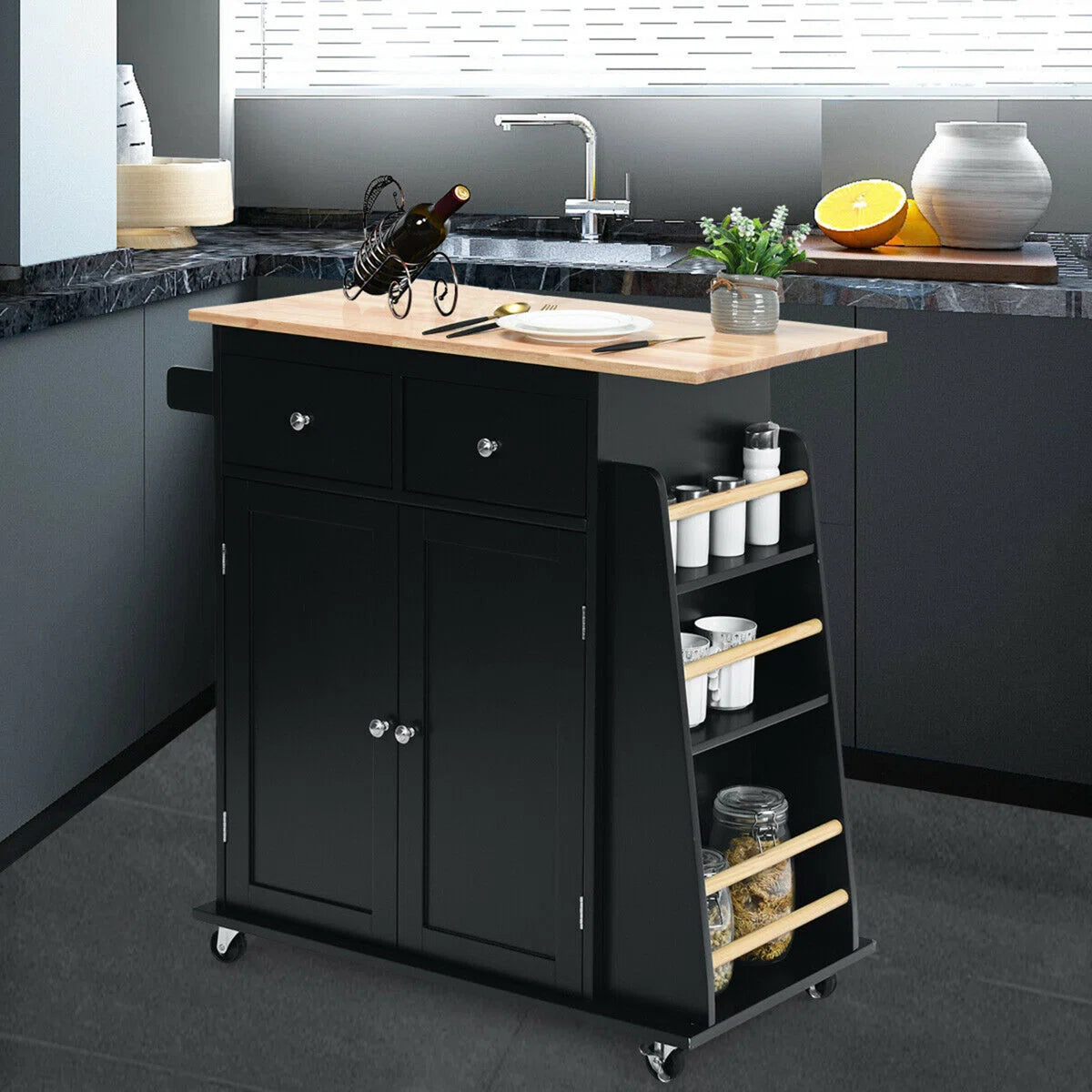Kitchen Island Table: 36'' Wide Black Rolling Cart with Side Rack and Towel Holder