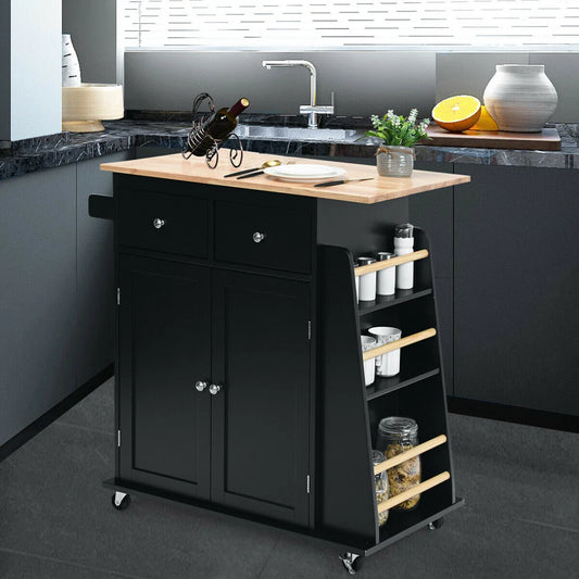 Kitchen Island Table: 36'' Wide Black Rolling Cart with Side Rack and Towel Holder