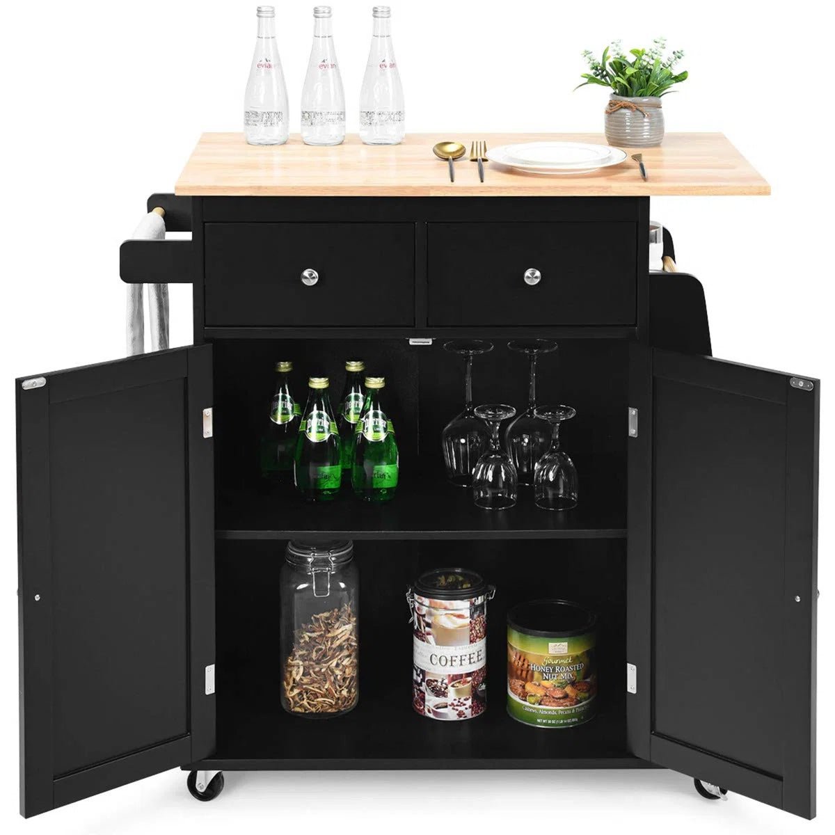 Kitchen Island Table: 36'' Wide Black Rolling Cart with Side Rack and Towel Holder