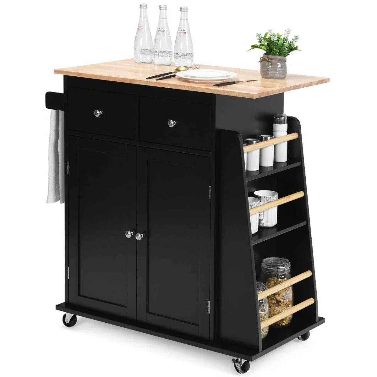 Kitchen Island Table: 36'' Wide Black Rolling Cart with Side Rack and Towel Holder