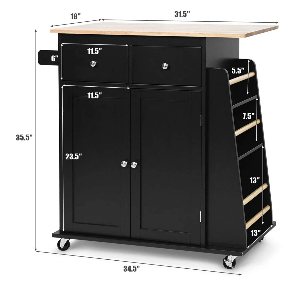 Kitchen Island Table: 36'' Wide Black Rolling Cart with Side Rack and Towel Holder