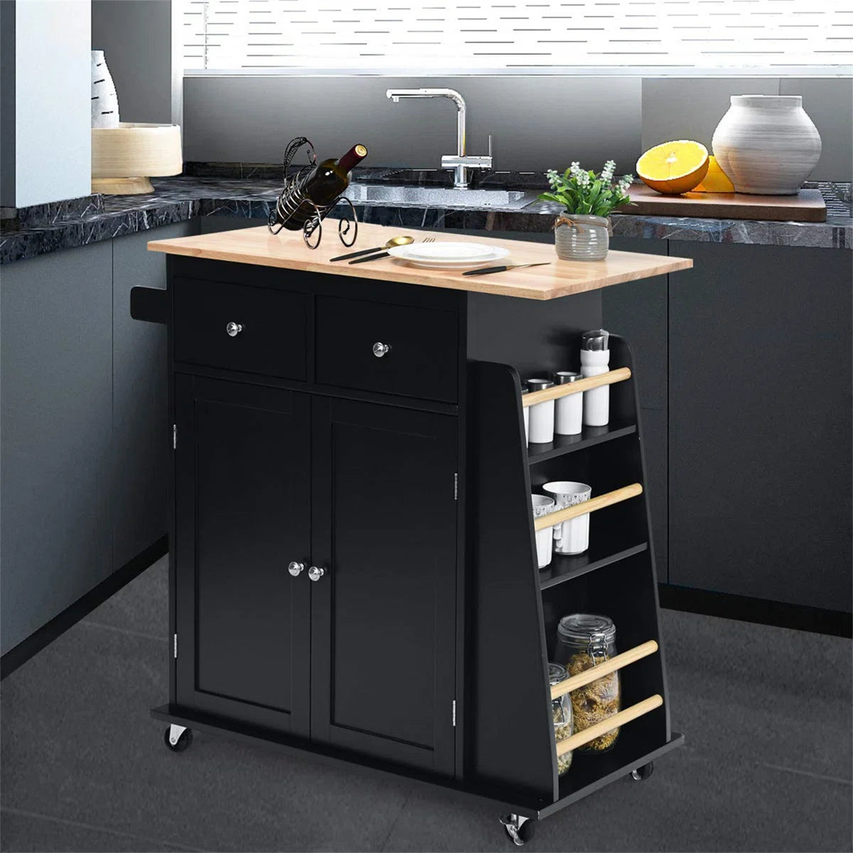 Kitchen Island Table: 36'' Wide Black Rolling Cart with Side Rack and Towel Holder
