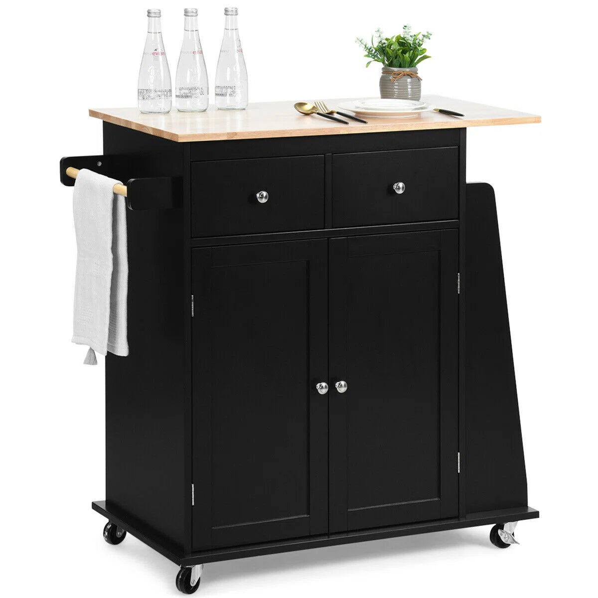 Kitchen Island Table: 36'' Wide Black Rolling Cart with Side Rack and Towel Holder