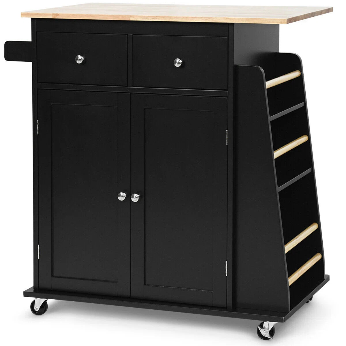 Kitchen Island Table: 36'' Wide Black Rolling Cart with Side Rack and Towel Holder