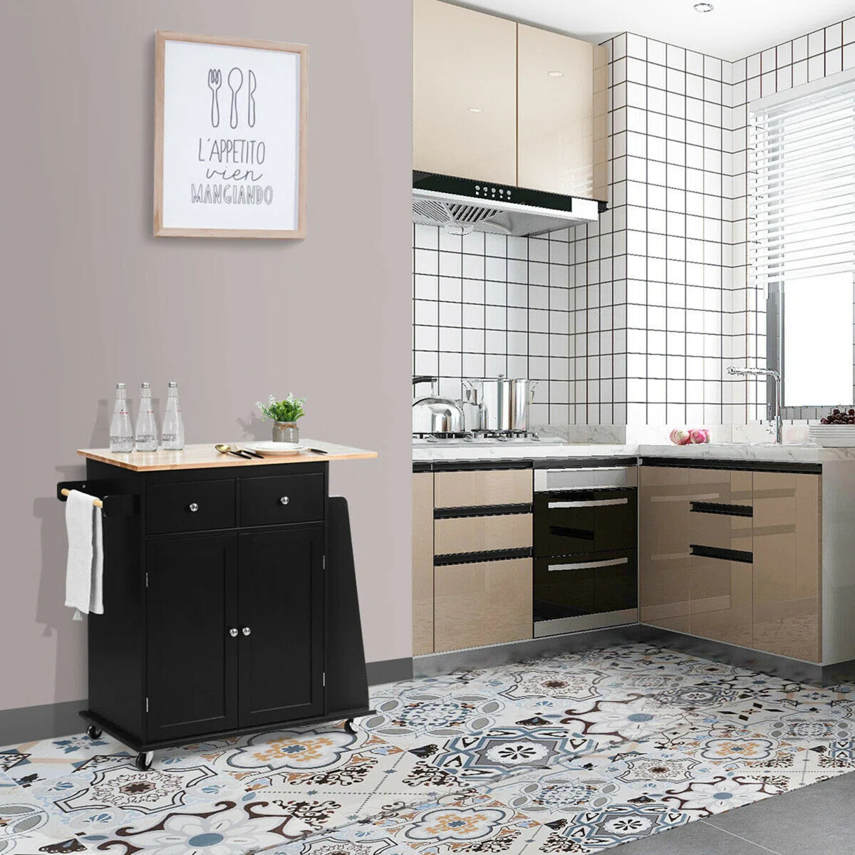 Kitchen Island Table: 36'' Wide Black Rolling Cart with Side Rack and Towel Holder