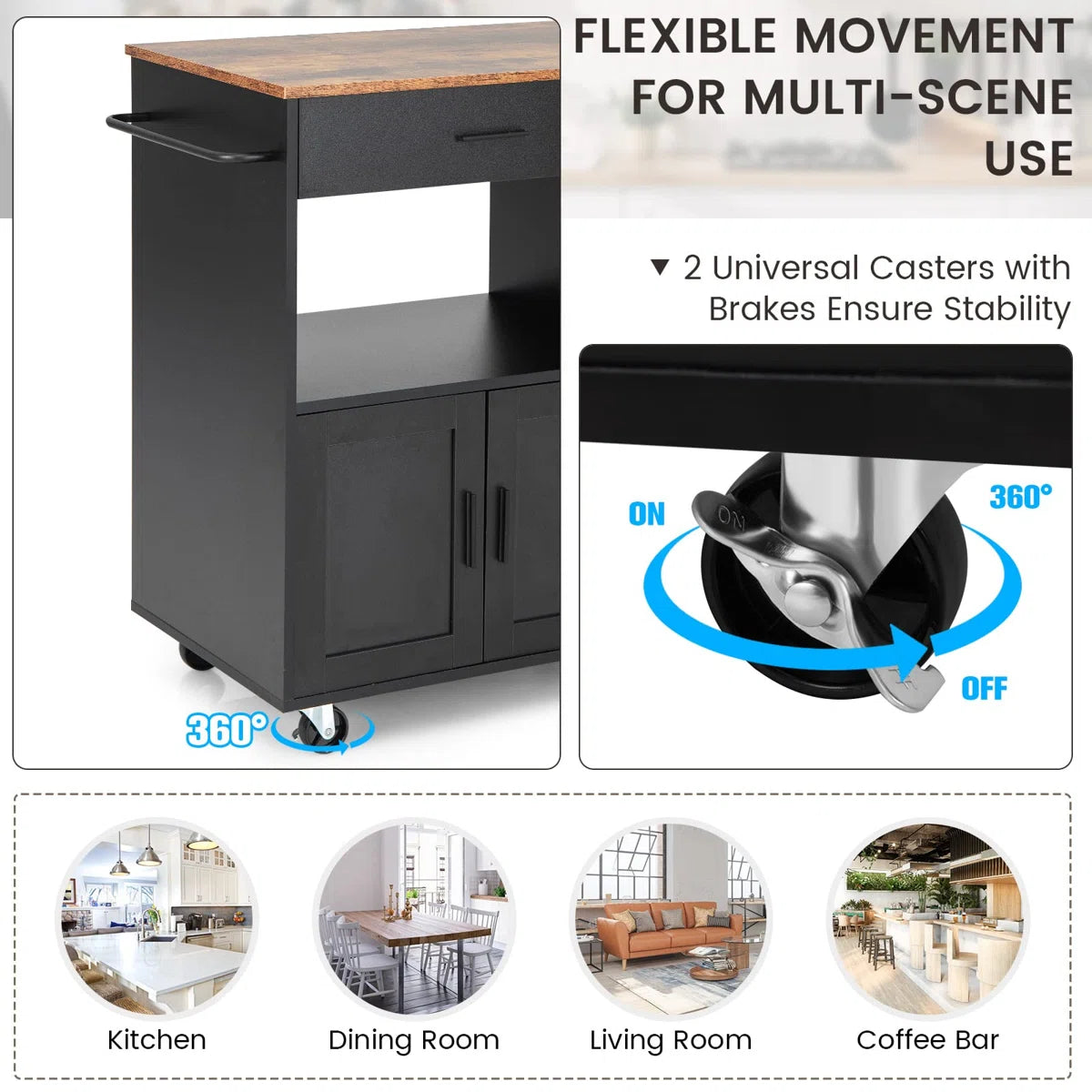 Kitchen Island Table Cart with Ample Storage, Spice Racks & Smooth Mobility
