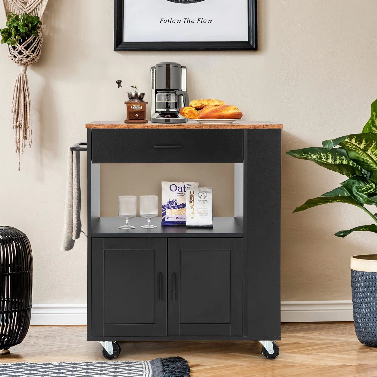 Kitchen Island Table Cart with Ample Storage, Spice Racks & Smooth Mobility