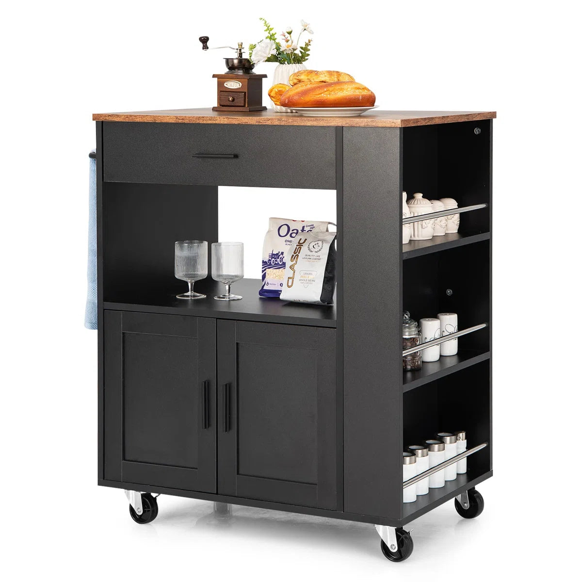 Kitchen Island Table Cart with Ample Storage, Spice Racks & Smooth Mobility