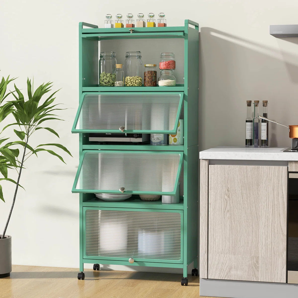 Kitchen Racks: 5-Tier Kitchen Baker's Rack Storage Cabinet with Flip-Up Doors and a Mobile Microwave Stand