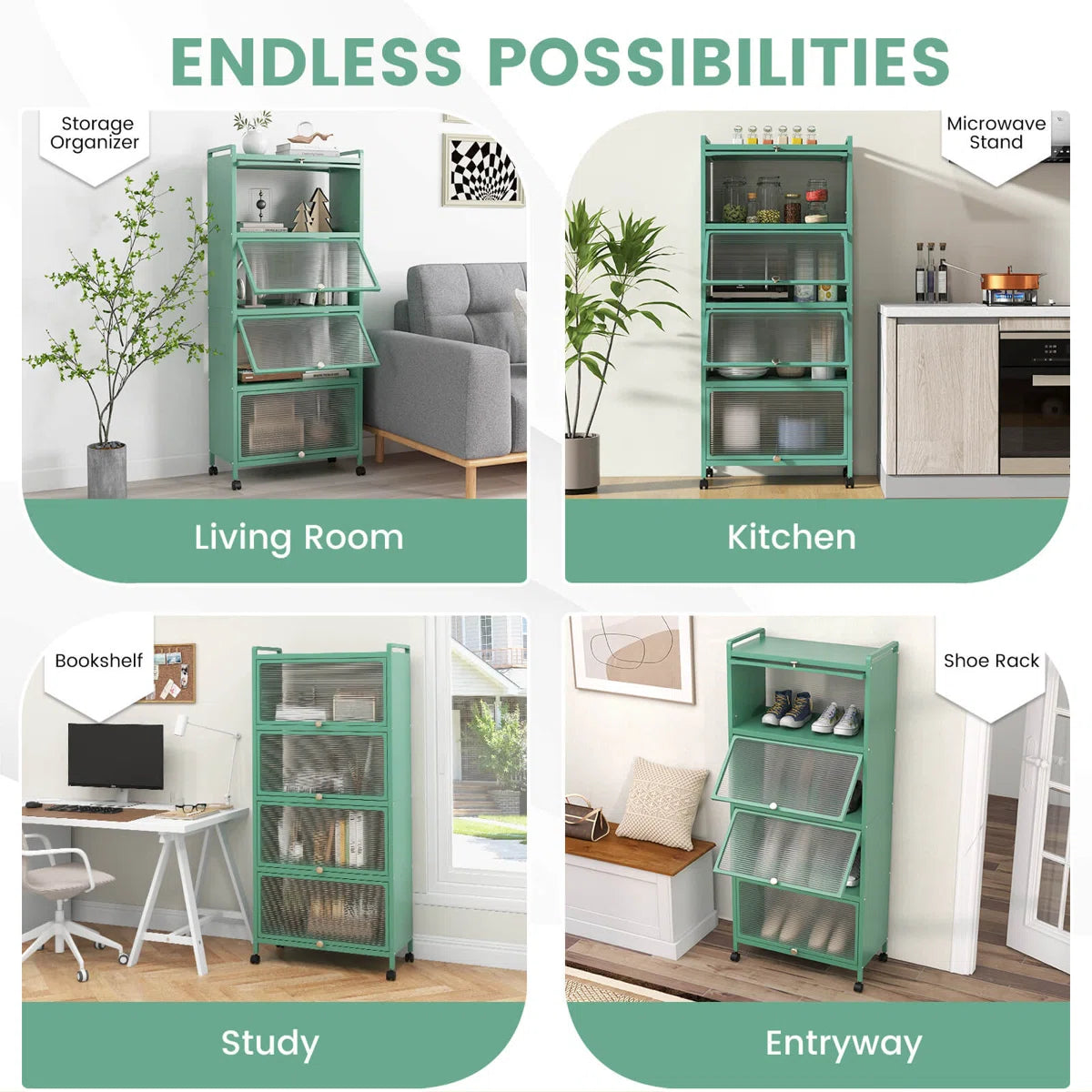 Kitchen Racks: 5-Tier Kitchen Baker's Rack Storage Cabinet with Flip-Up Doors and a Mobile Microwave Stand
