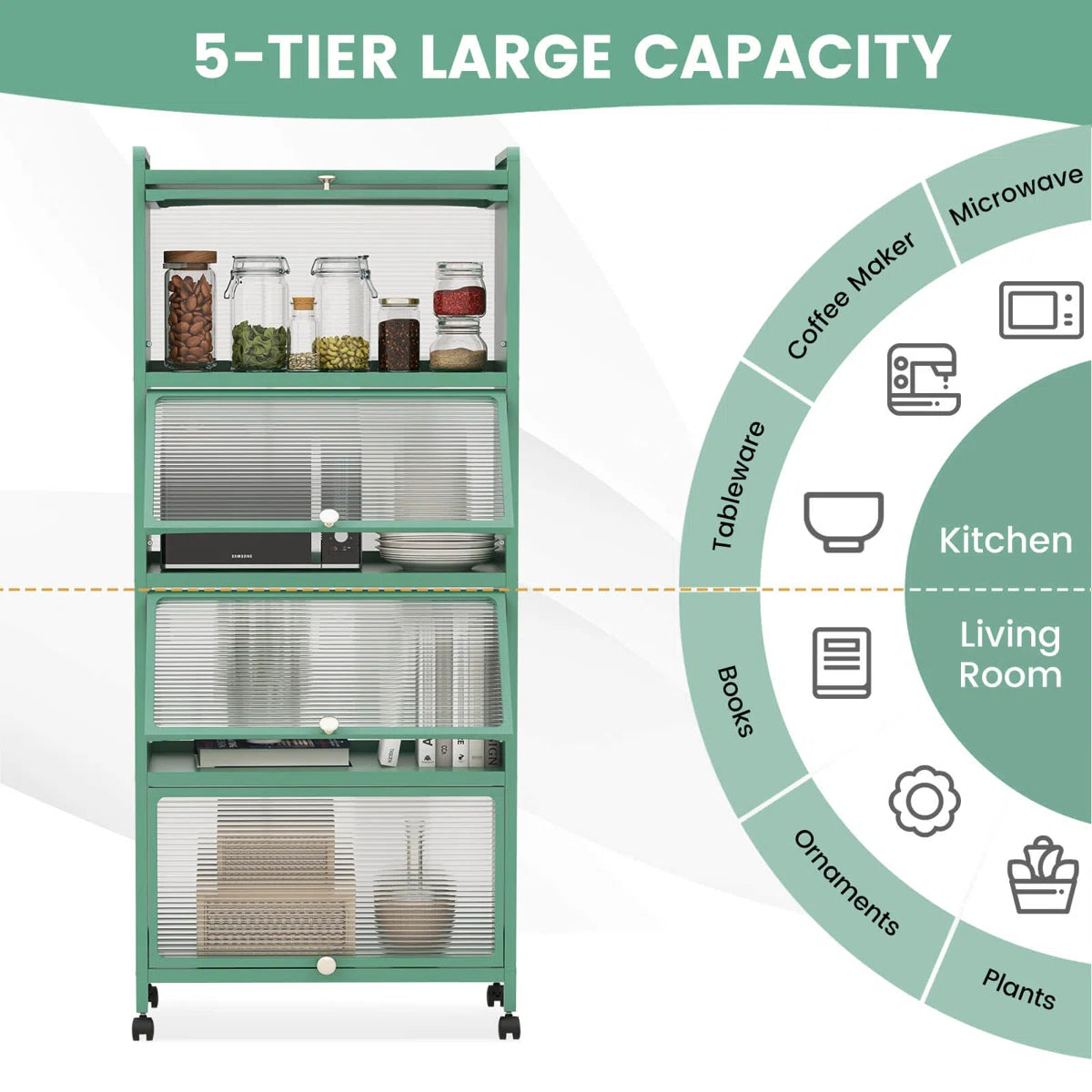 Kitchen Racks: 5-Tier Kitchen Baker's Rack Storage Cabinet with Flip-Up Doors and a Mobile Microwave Stand