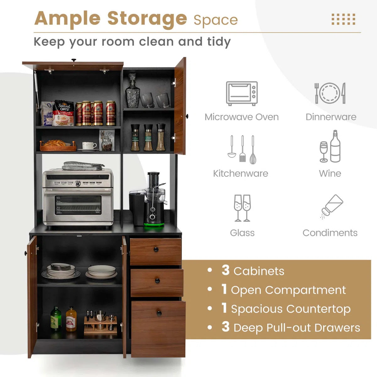 Microwave Stands: 71" Tall Black Kitchen Pantry Buffet Hutch – Freestanding Storage Cabinet with 4 Doors