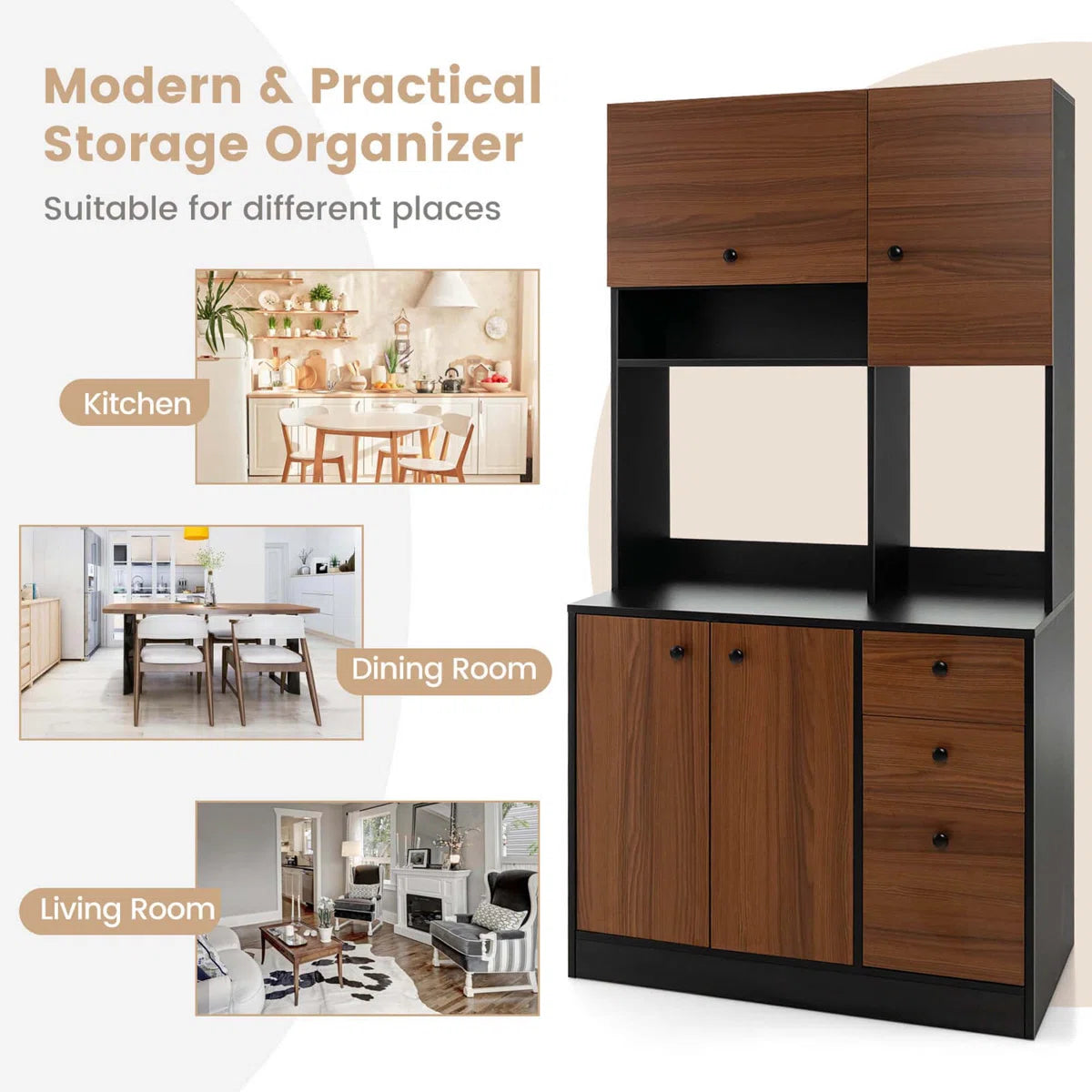 Microwave Stands: 71" Tall Black Kitchen Pantry Buffet Hutch – Freestanding Storage Cabinet with 4 Doors