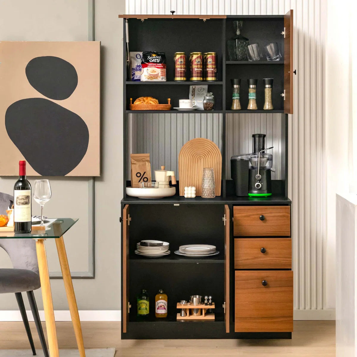 Microwave Stands: 71" Tall Black Kitchen Pantry Buffet Hutch – Freestanding Storage Cabinet with 4 Doors