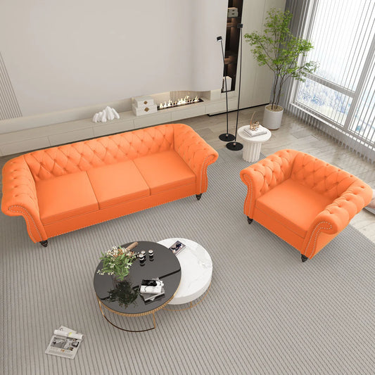 Luxury Sofa Sets: Orange Velvet Chesterfield Sofa & Armchair Set