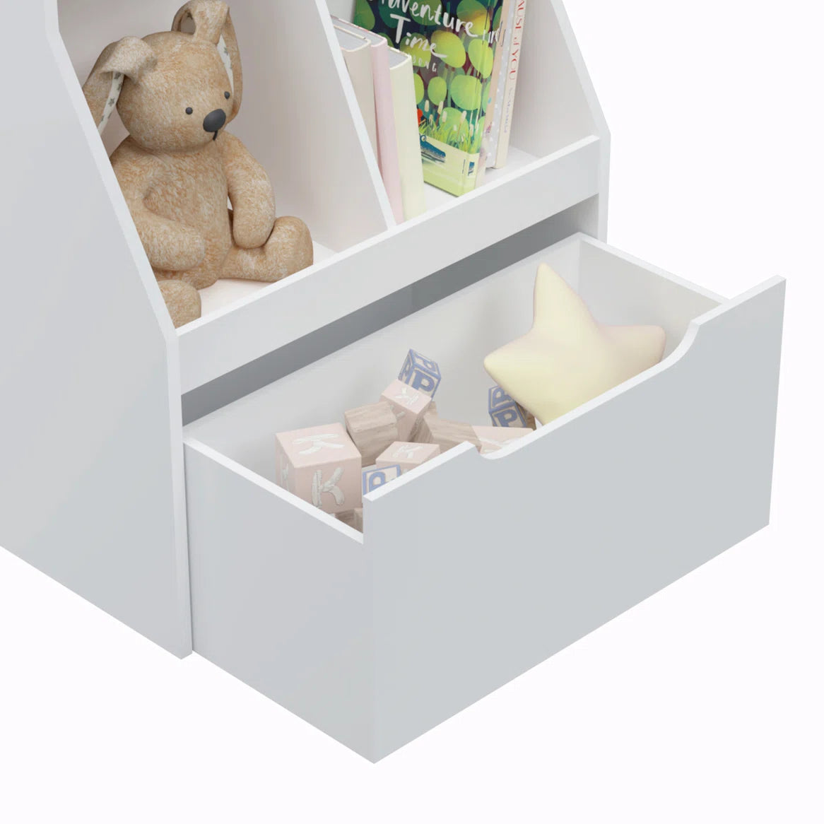 Kids Toy Storage Unit: Wooden Bookcase with Drawer and Wheels – White Finish