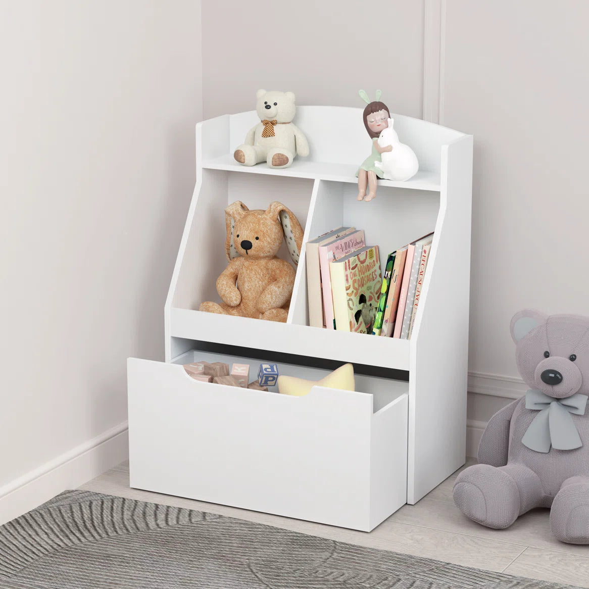 Kids Toy Storage Unit: Wooden Bookcase with Drawer and Wheels – White Finish