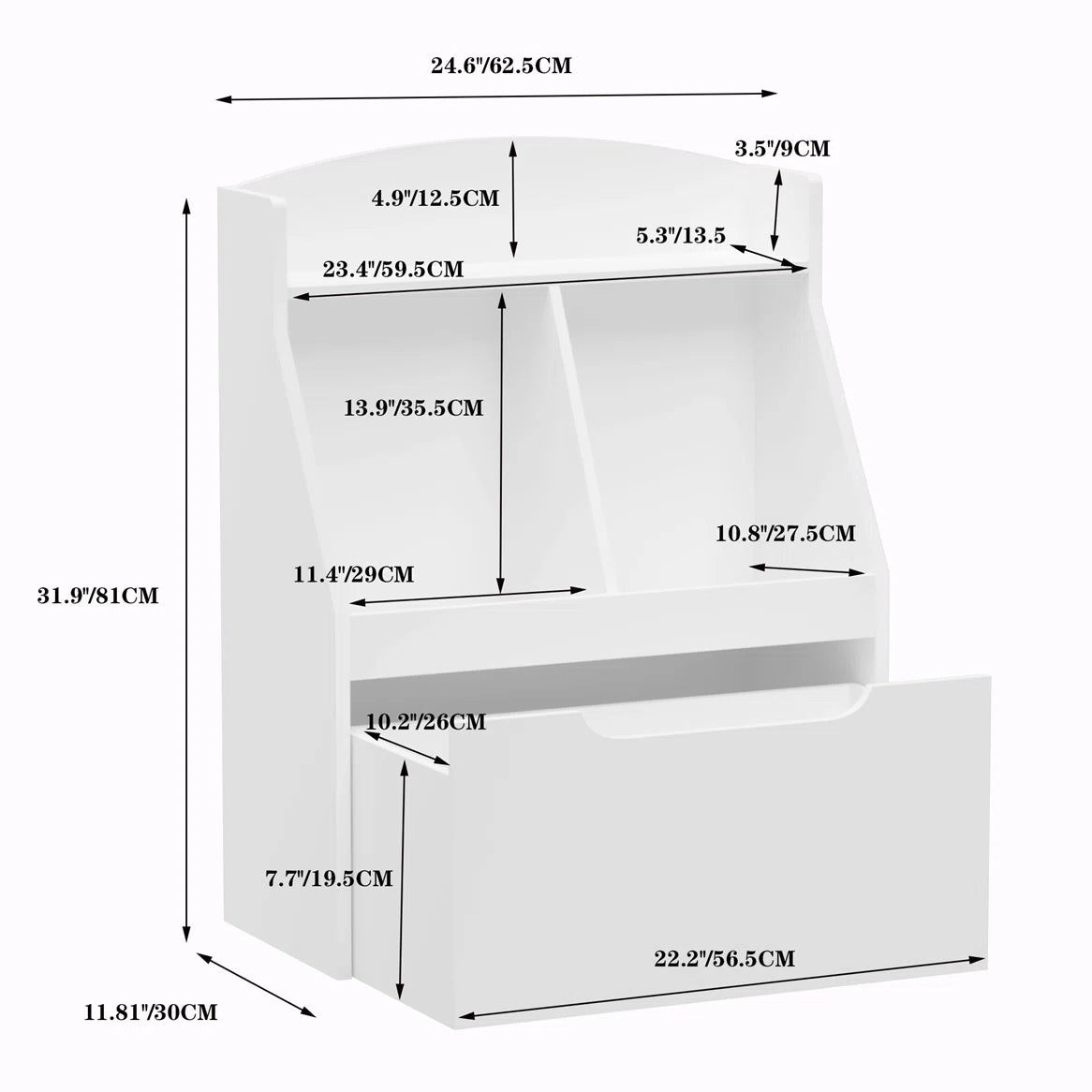 Kids Toy Storage Unit: Wooden Bookcase with Drawer and Wheels – White Finish