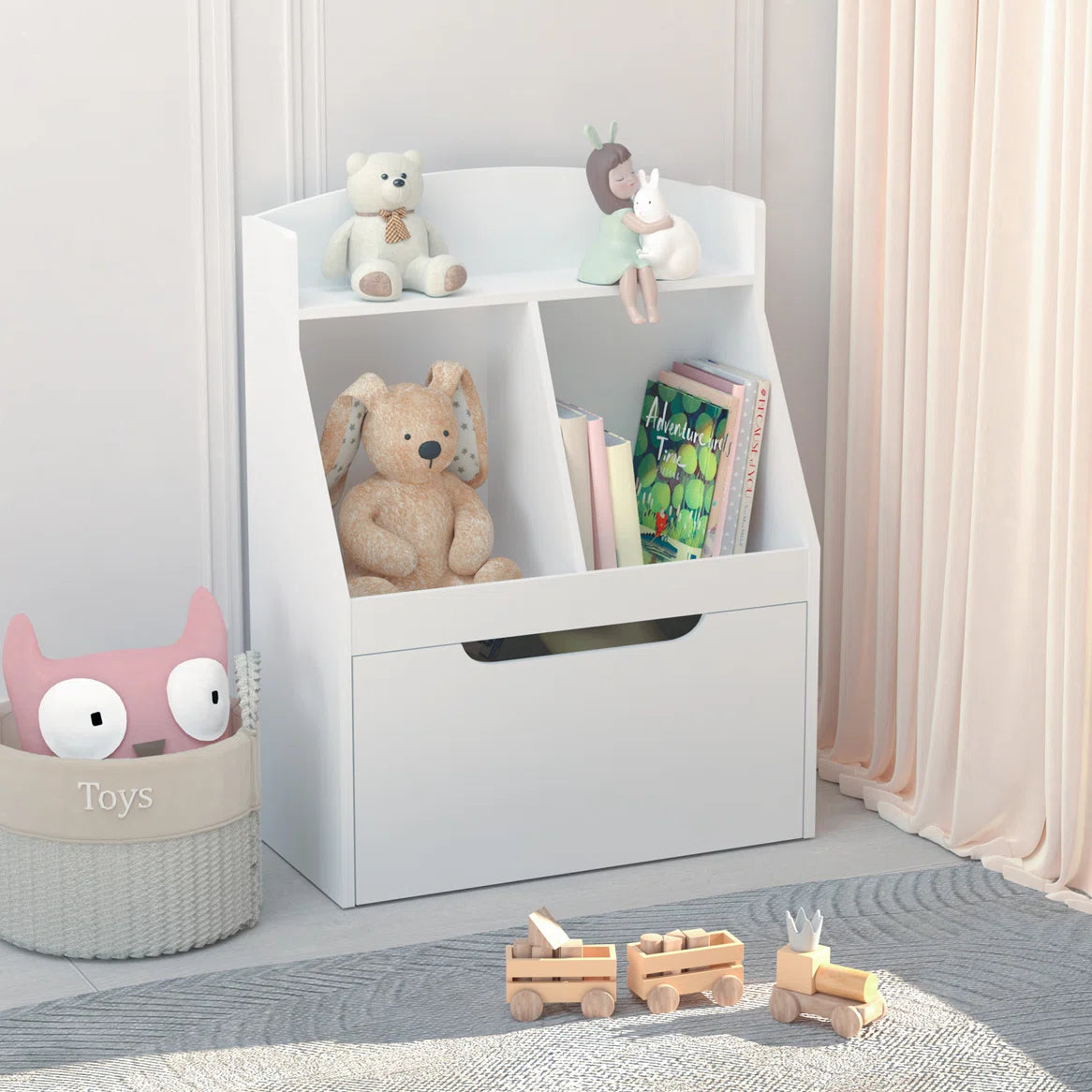 Kids Toy Storage Unit: Wooden Bookcase with Drawer and Wheels – White Finish