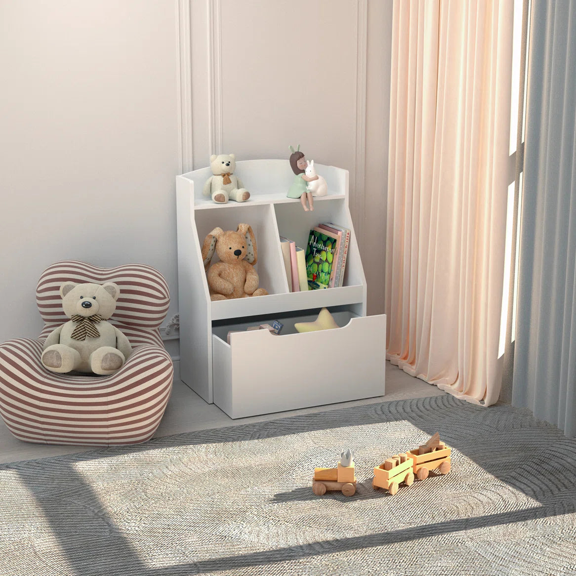 Kids Toy Storage Unit: Wooden Bookcase with Drawer and Wheels – White Finish