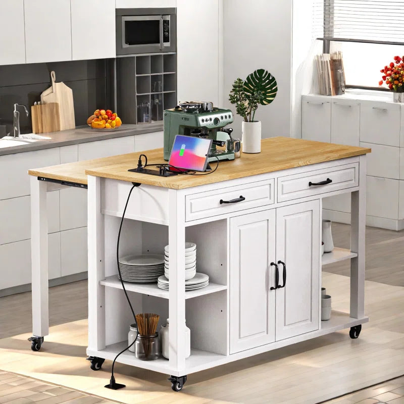 Kitchen Island Table: Expandable Rolling Cart with Charging Station, Adjustable Shelves & Ample Storage