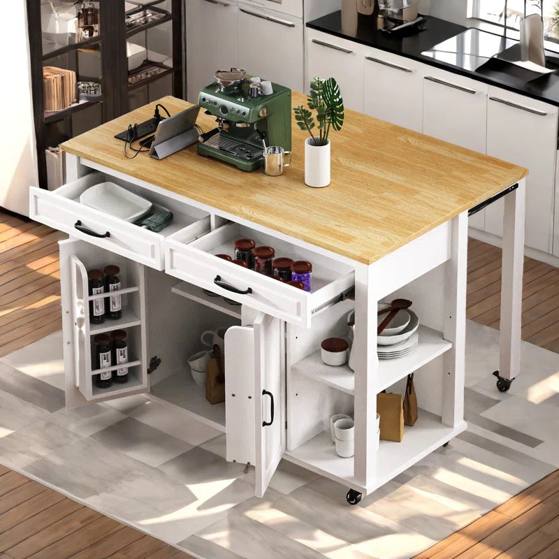 Kitchen Island Table: Expandable Rolling Cart with Charging Station, Adjustable Shelves & Ample Storage
