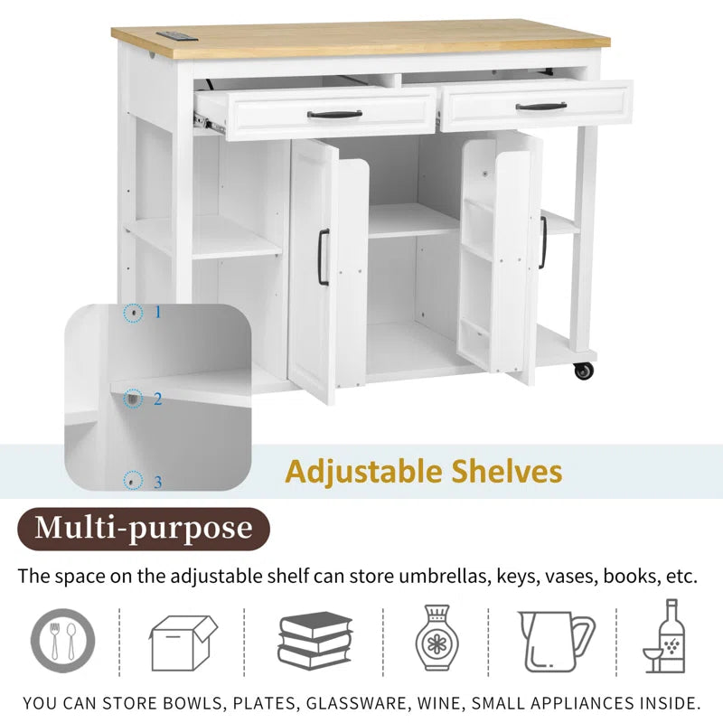 Kitchen Island Table: Expandable Rolling Cart with Charging Station, Adjustable Shelves & Ample Storage