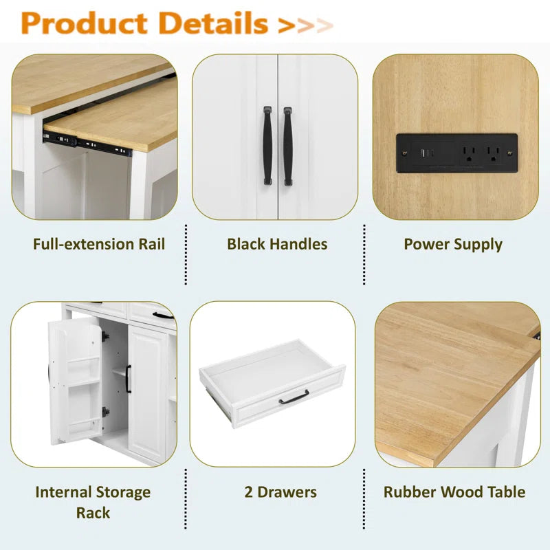 Kitchen Island Table: Expandable Rolling Cart with Charging Station, Adjustable Shelves & Ample Storage