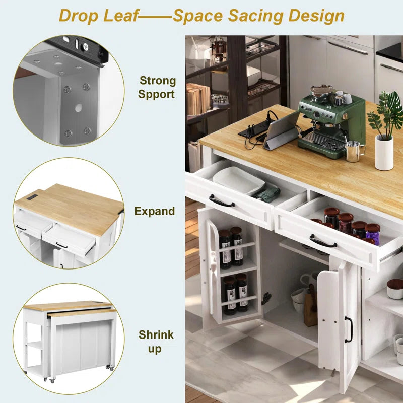 Kitchen Island Table: Expandable Rolling Cart with Charging Station, Adjustable Shelves & Ample Storage