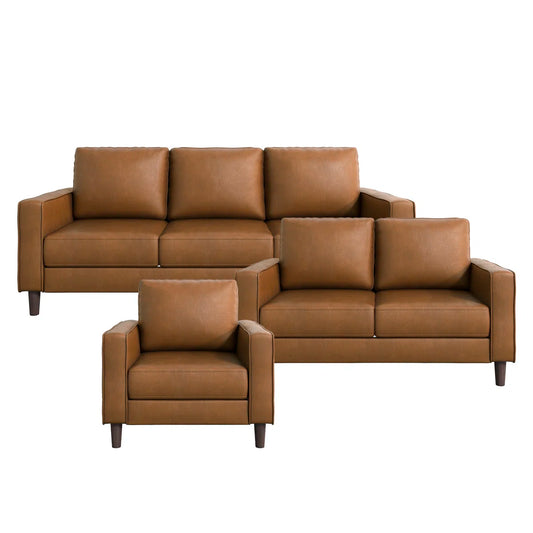 Luxury Sofa Sets: Eric Collection Brown Faux Leather Sofa Set with Mid-Century Modern Design
