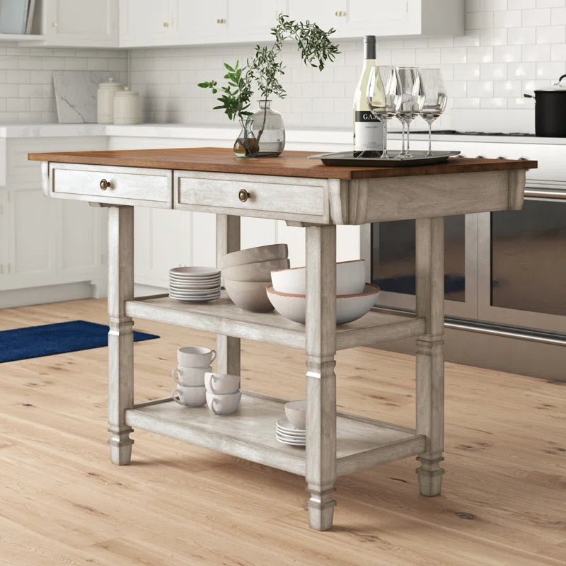 Kitchen Island Table: Solid Rubberwood Prep Table with Open Shelves