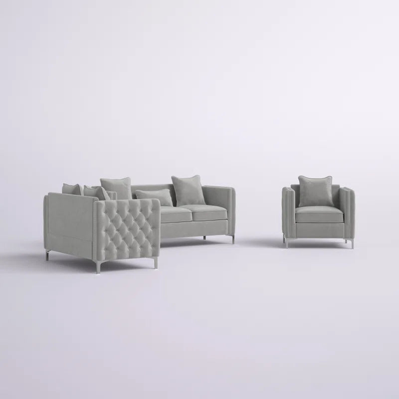 Luxury Sofa Sets: 3-Piece Velvet Mid-Century Living Room Set with Toss Pillows and Chrome Legs