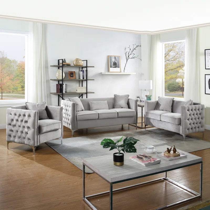 Luxury Sofa Sets: 3-Piece Velvet Mid-Century Living Room Set with Toss Pillows and Chrome Legs