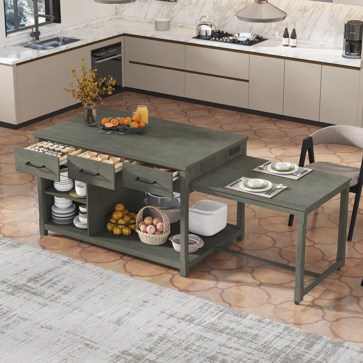 Kitchen Island Table with Expandable Countertop, Power Outlets & Storage – Retro Style for Modern Homes