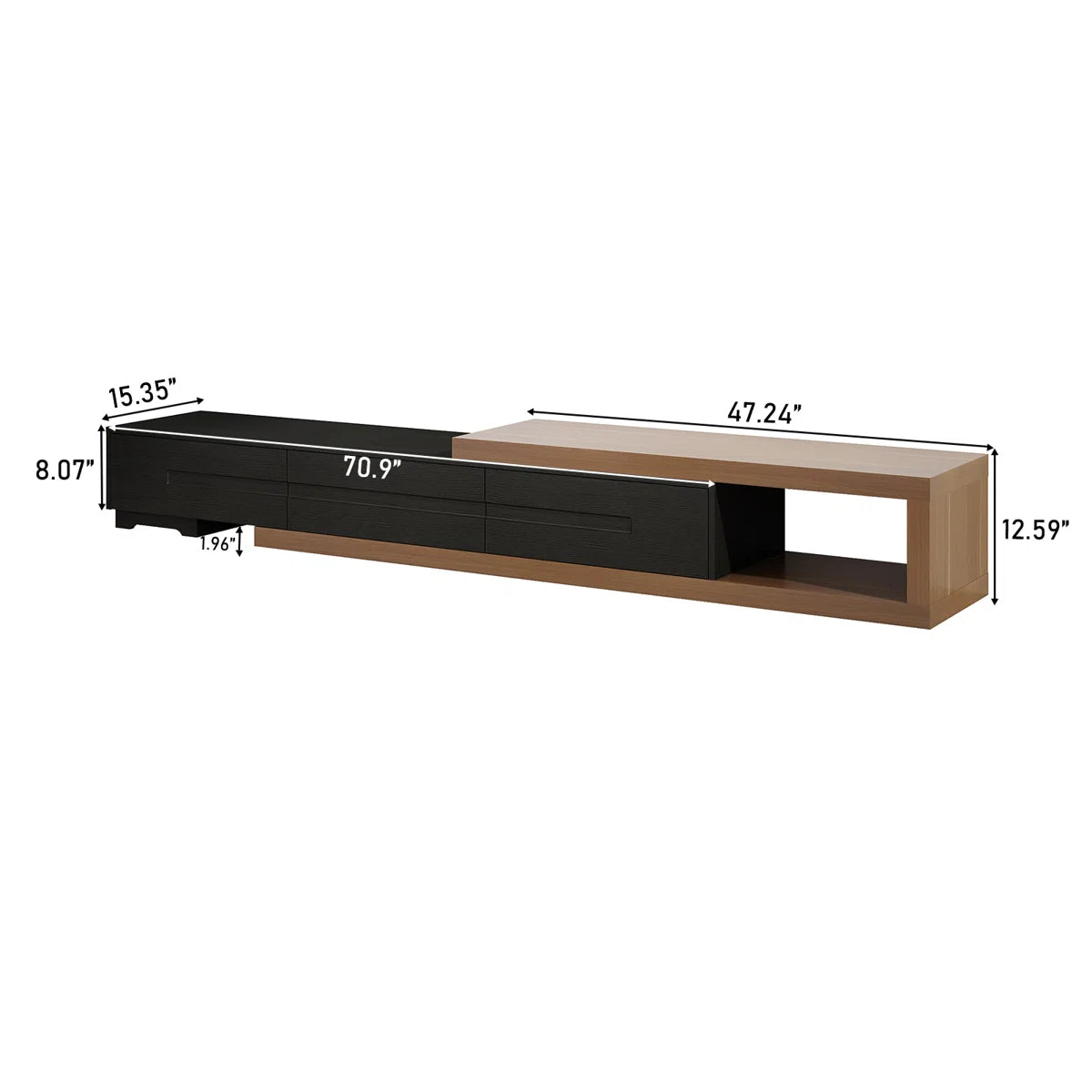 tv panel: Extendable wood TV panel with 3 large drawers, reversible design feature
