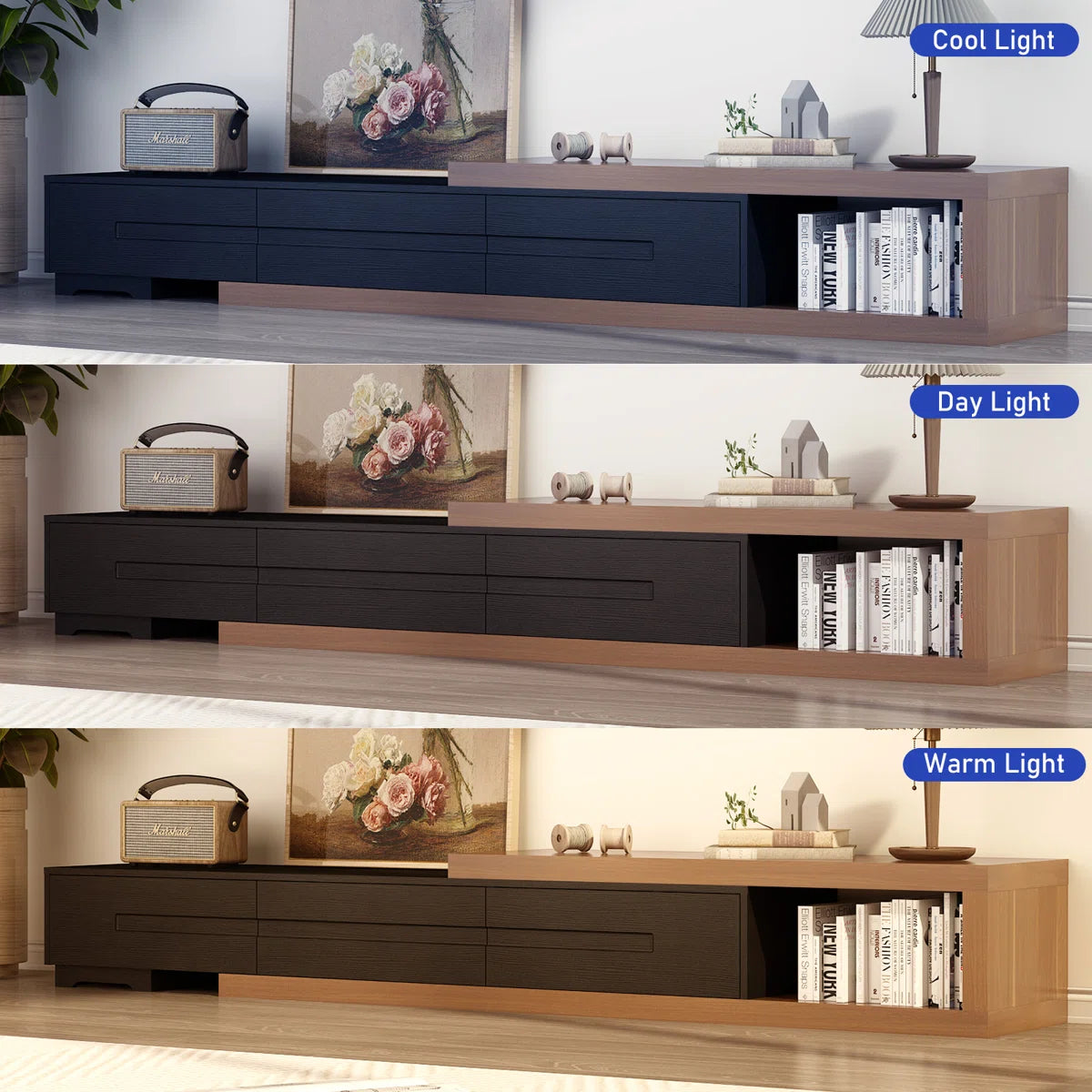 tv panel: Extendable wood TV panel with 3 large drawers, reversible design feature
