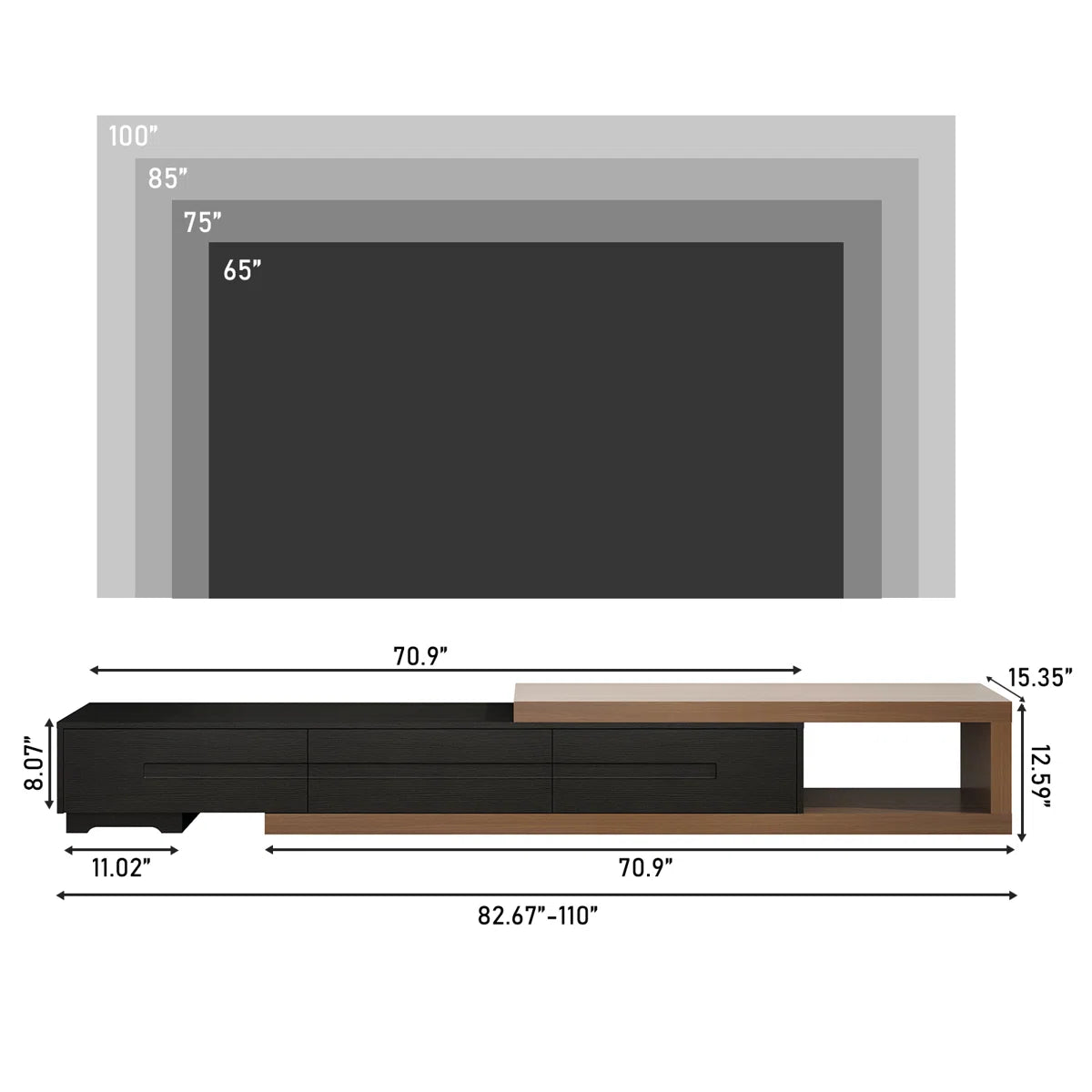 tv panel: Extendable wood TV panel with 3 large drawers, reversible design feature