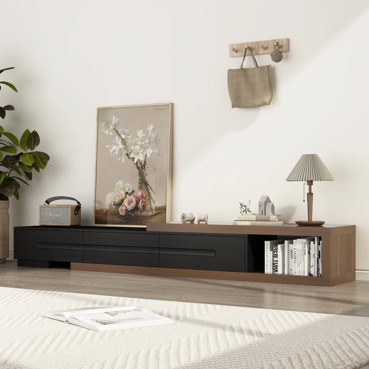 tv panel: Extendable wood TV panel with 3 large drawers, reversible design feature