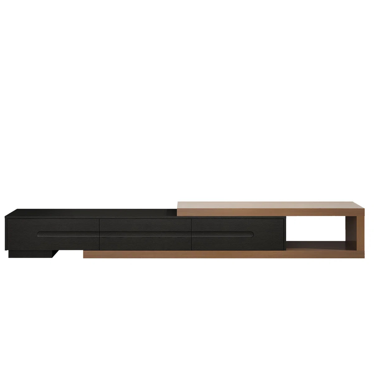 tv panel: Extendable wood TV panel with 3 large drawers, reversible design feature