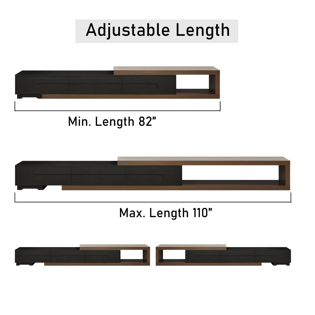 tv panel: Extendable wood TV panel with 3 large drawers, reversible design feature