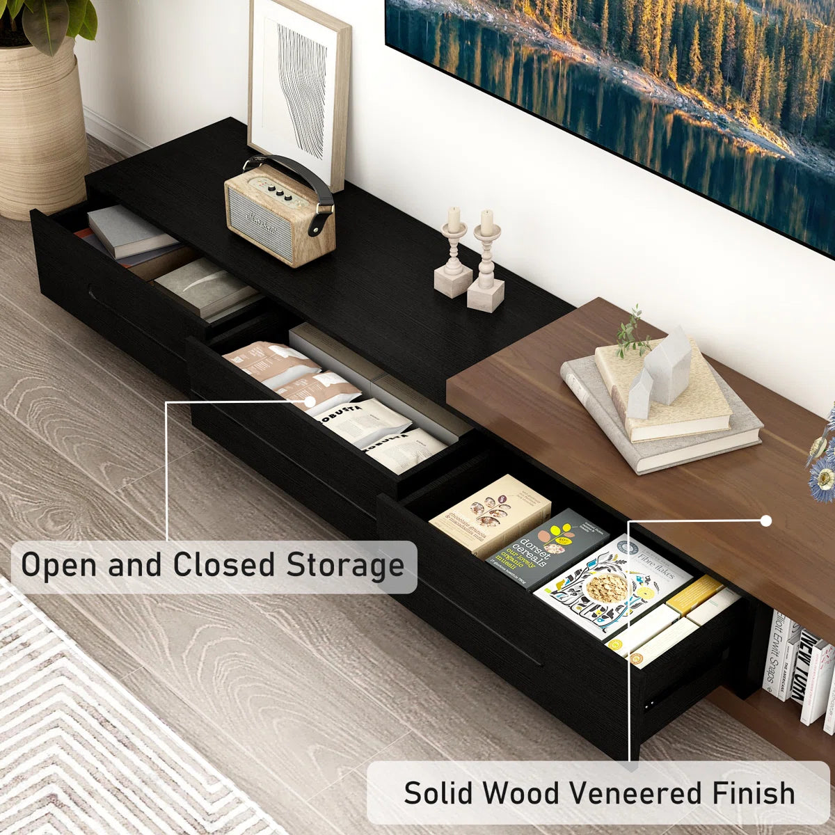 tv panel: Extendable wood TV panel with 3 large drawers, reversible design feature