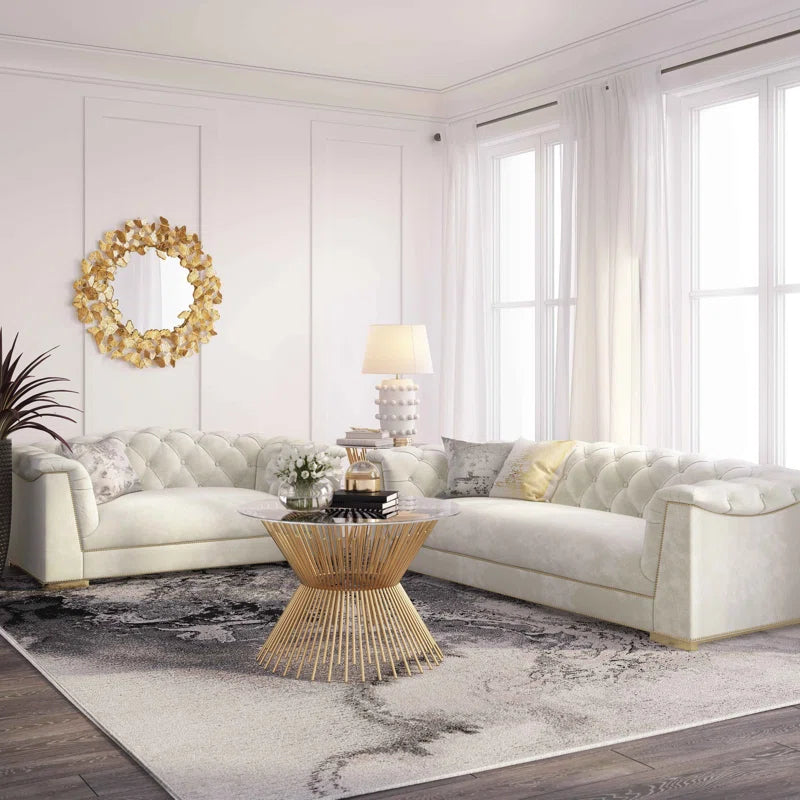 Luxury Sofa Sets: Cream Velvet Tufted Sofa + Loveseat Set with Gold Nailhead Trim