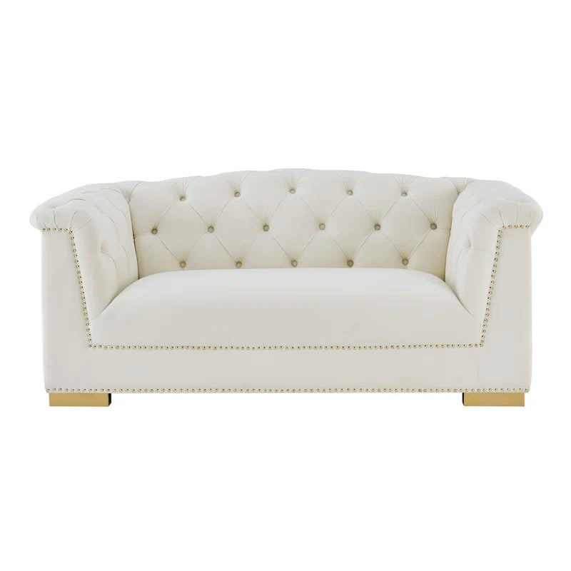 Luxury Sofa Sets: Cream Velvet Tufted Sofa + Loveseat Set with Gold Nailhead Trim