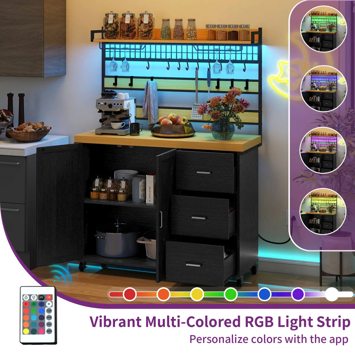 Kitchen Rack: Farmhouse Bakers Rack with LED Light and Power Outlet, Coffee Bar Cabinet on Wheels, and Microwave Stand